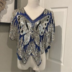 Valachi Creations Vintage 80 Blue Silver Sequin Silk Butterfly Blouse  Boho Top